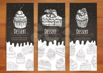 Bakery desserts and sweets posters. Cupcake with berries, cake with chery, chocolate muffin vector icons. Vector banners for confectionery, pastry, patisserie, cafe leaflet, pastry shop signboard, men