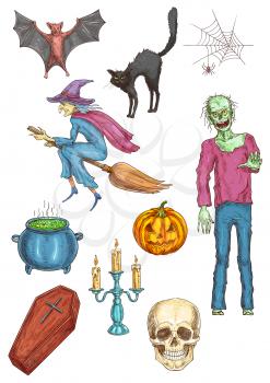 Halloween walking undead zombie, witch flying on broom, vampire coffin, pumpkin, cauldron potion, candle stick, skull, black hag cat, spider web, bat. Halloween elements for posters, cards banners