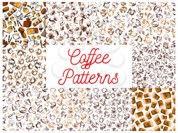 Coffee seamless pattern backgrounds. Wallpapers with vector icons of coffee cup, coffee maker, vintage coffee mill, retro coffee grinder, moka pot, milk pitcher, coffee beans, sweet syrup