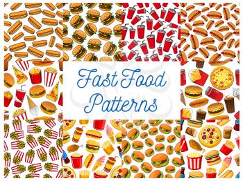 Fast food seamless pattern backgrounds. Wallpaper with vector icons snacks. sweets, drinks. Junk food elements cheeseburger, hot dog, pizza, french fries, hamburger, coffee, soda, cake ice cream