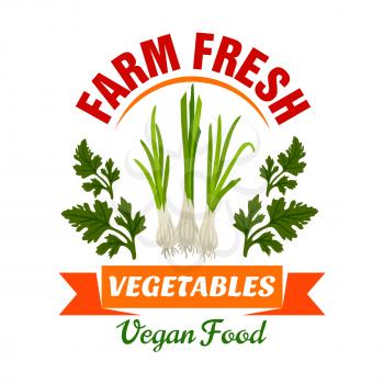 Onion, leek, welsh onion. Farm fresh vegetable product emblem. Premium healthy vegan food icon with orange ribbon and parsely leaves. Vector vegetable label for vegetarian product sticker, grocery far