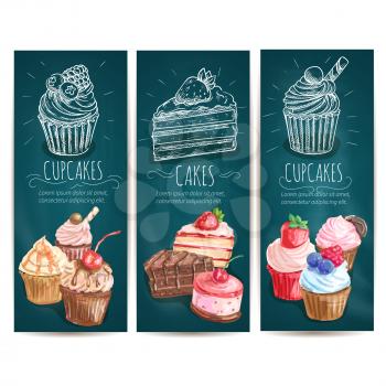Cupcakes, cakes vertical banners. Vector chalk sketch icons of confectionery bakery sweets, pastry dessert, muffin, biscuit for patisserie, cafe leaflet, pastry shop signboard, menu