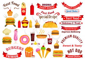Fast food emblems, advertising express delivery ribbons. Vector icons of cheeseburger, sandwich, hot dog, pizza, french fries, hamburger, tacos, coffee, soda, muffin, ice cream, chef toque milkshake k