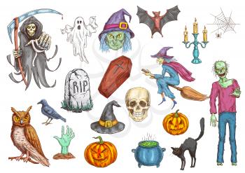 Halloween color sketch icons and elements. Isolated vector pumpkin candle, witch hat, spooky ghost, dead man, zombie hand, coffin on graveyard tomb, skull, midnight owl, spider web, magic cauldron