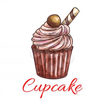 Cupcake sketch icon. Patisserie shop emblem. Vector sweet cupcake with creamy topping and caramel. Template for cafe menu card, cafeteria signboard, bakery label