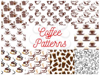 Coffee seamless pattern backgrounds. Vector patterns of coffee cup, coffee maker, vintage coffee mill, retro coffee grinder, coffee beans, cocktail glasses