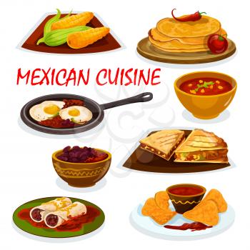 Mexican cuisine burrito, tortillas and nacho icon served with tomato sauce salsa, tortilla beef sandwiches with vegetables, boiled corn cob, chili soup, spicy eggs rancheros, bean stew