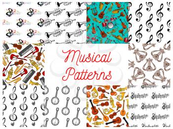 Music seamless patterns set with musical notes, string, wind, percussion and keyboard musical instruments, treble clef and symbols of music notation