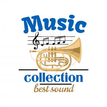Musical instrument symbol of brass tuba, topped with musical notes and treble clef on stave, headers Music collection and Best Sound. Jazz festival or concert design