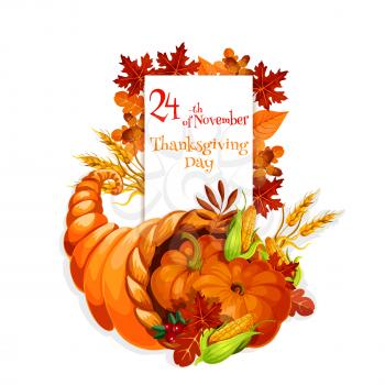 Thanksgiving Day cornucopia design for celebration greeting and invitation card, banner for thanksgiving traditional family dinner. Cornucopia harvest abundance background