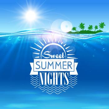 Tropical ocean island. Sweet summer nights placard. Ocean with tropical palm island, shining sun, water waves. Background for travel agency advertisement, spa resort banner, tourism background