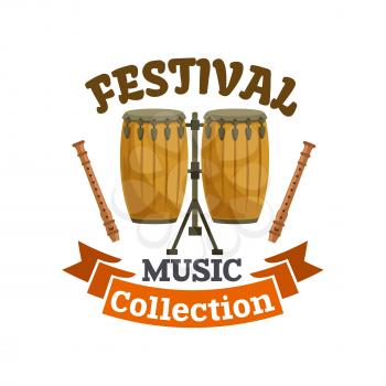 Musical drums. Music festival emblem with vector icon of cuban, african conga drums kit, drum sticks and brown ribbon
