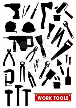 Work tools silhouette icons. Construction, carpentry and home repair vector isolated symbols hammer, electric drill, ax, ruler, saw, tongs, screwdriver, knife, paint bush, spanner helmet nippers trowe
