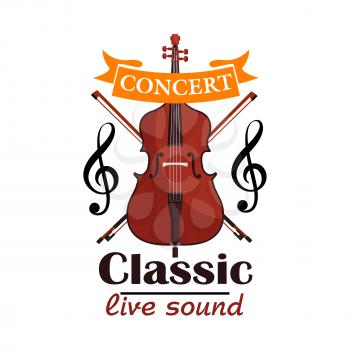 Double Bass. Classic live concert emblem with vector icon of classic contrabass viol, clef note, bows and orange ribbon