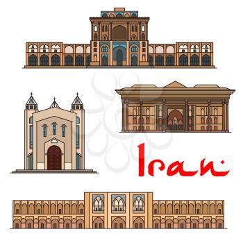 Iran famous architecture vector detailed icons of Ali Qapu Palace, Saint Sarkis Cathedral, Chehel Sotoun, Si-o-seh pol bridge. Historic buildings, landmarks sightseeings, showplaces symbols for souven