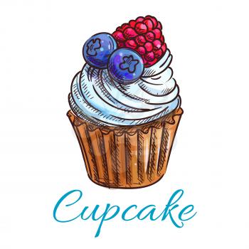 Cupcake sketch icon. Patisserie shop emblem. Vector sweet tart with whipped cream with berries blueberry, raspberry . Template for cafe menu card, cafeteria signboard, bakery label
