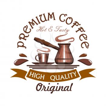 Coffee. Vector icon of coffe cup and cezve turkish coffee maker. Emblem for cafe label, cafeteria signboard, fast food menu, coffee shop