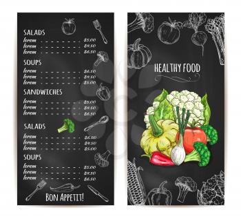 Vegetarian healthy food menu chalk sketch on blackboard. Veggie soup, salad, sandwich with price. Vector vegetables cauliflower, pepper, leek onion, tomato, broccoli, corn, radish, asparagus, pumpkin