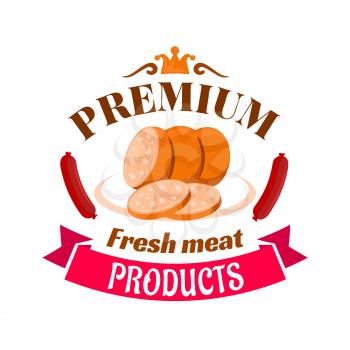 Sausage premium fresh meat product emblem. Isolated sliced sausage on plate with smoked sausages and pink ribbon. Sign for butcher shop, restaurant menu, grocery farm store signboard