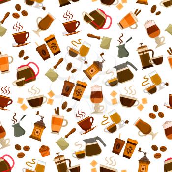 Coffee seamless pattern. Vector patterns of coffee cup, coffee maker, vintage coffee mill, retro coffee grinder, coffee beans, pitcher, sugar, chocolate, muffin, cezve. Cafeteria and cafe decoration b