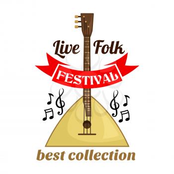 Violin with bows. Live folk music festival emblem with vector icon of string musical instrument balalaika