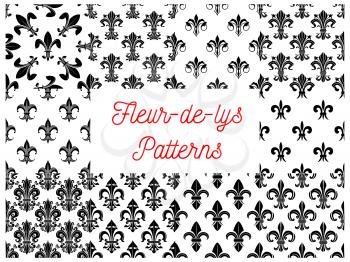 Heraldic seamless patterns of fleur-de-lys. Vectro pattern of black silhouette and outline royal french lily fleur-de-lis symbols on white background
