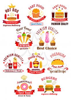 Fast food emblems. Cheeseburger, sandwich, hot dog, pizza, french fries, hamburger, tacos, coffee, soda, muffin, ice cream, milkshake, chicken nuggets, express delivery. Vector icons and ribbons