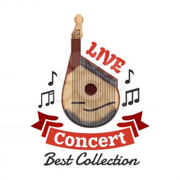 Live instrumental music concert emblem. Vector string musical instrument with musical notes and ribbon for fest icon