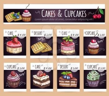Cafeteria and patisserie menu design template. Cupcakes, cakes and sweet desserts sketch icons with prices for pastry shop menu