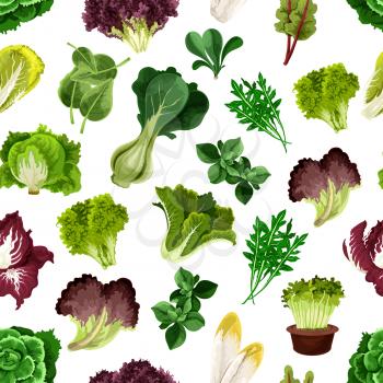 Salad greens and leafy vegetables pattern. Vegetarian fresh green sheaf of arugula, iceberg lettuce, cabbage, chard, chicory, escarole, kale, radicchio, spinach. Kitchen decoration background