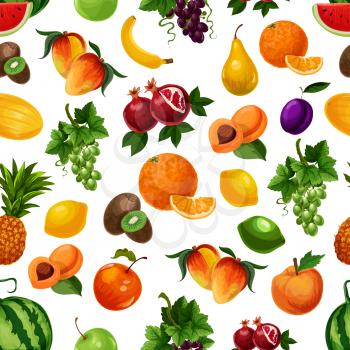 Vector pattern of fresh fruits with leaves. Bunches of white grape, pomegranate, apricots, pear, banana, peach, pineapple, lime, kiwi, mango. Exotic and tropical fruits seamless pattern