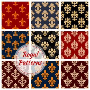 Floral royal ornament and damask seamless patterns for decoration. Imperial luxury flowery ornaments and classic vintage fleur-de-lis flourish interior design elements