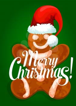 Christmas card with gingerbread man in santas red hat, decorated by royal icing. Happy New Year poster or greeting card, xmas party invitation design