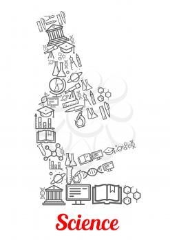 Microscope emblem with science and knowledge icons atom, formula, telescope, globe, ruler, dna, book, molecule, globe, proton, university, pen, planet