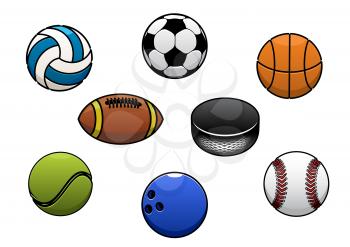 Sport balls vector isolated icons set. Gaming sport ball and equipment elements for soccer, rugby, football, baseball, basketball, tennis, hockey puck, bowling, volleyball