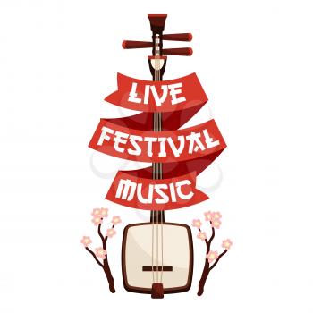 Live festival music emblem template. Japanese traditional biva, koto, lute string instrument with red ribbon and cherry blossom branches