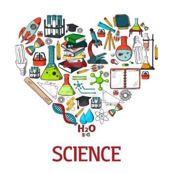 Heart shape emblem with science vector icons. Scientific conceptual decoration design element with chemistry experiment test, research and laboratory equipment color symbols