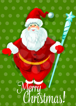 Santa Claus Christmas holiday poster. Smiling Santa in red hat and suit standing with icy staff, topped with star. Christmas greeting card, New Year decor, winter celebration theme design