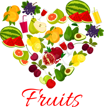 Fruit heart icon with fresh fruits and berries icons. Vector elements of fresh farm juicy fruits and fruit juice of watermelon, grape, plum, avocado, apple, orange, pomegranate, pear, lemon, pomelo, c