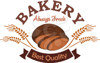 Bakery shop emblem with rye sliced bread. Best quality bread product label design. Vector icon of brown rye bread loaf sliced, rye ears, brown ribbon with text