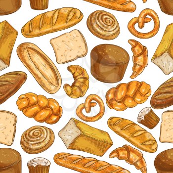 Bread pattern. Bakery shop seamless sketch bread and pastry products of wheat and rye bread loafs, bagels, croissants, pretzels, sweet buns, pies, cupcakes. Bread background design for patisserie, bak