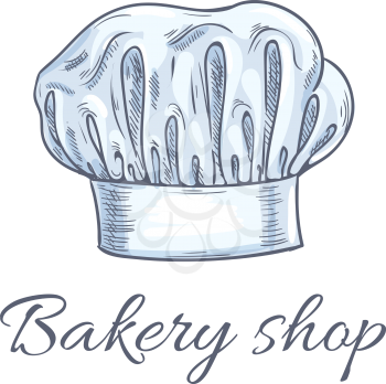 Bakery shop emblem of baker chef toque hat. Traditional chef hat with folds. Vector isolated doodle sketch label for cafe, restaurant, bakery, patisserie