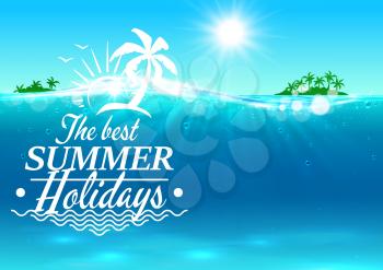 Best summer holidays banner. Vector ocean waves background with tropical sun beach, sun. Design poster for travel, vacation, tourism