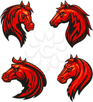 Horse head heraldic emblem for spot club, team. Graphic design label of fire red mustang stallion with spiky mane for horse racing sport club badge, tattoo