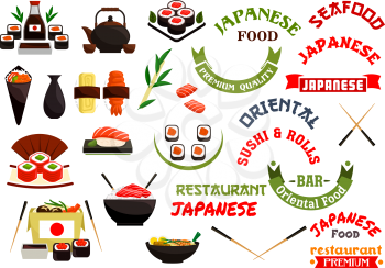 Japanese cuisine vector labels, ribbons for oriental seafood restaurant, sushi bar menu card sticker, sign board emblem. Vector isolated sushi, steamed rice in bowl, japanese seafood wok, salmon fish 