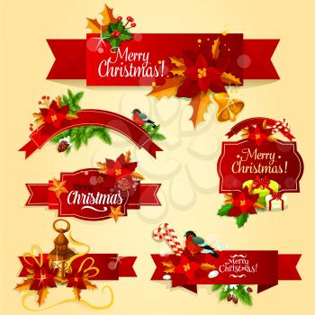 Christmas red ribbon banner and label set with holly berry, fir and pine branches, gift box with ribbon bow, golden star and bell, poinsettia flower, candy cane, bullfinch and candle lantern