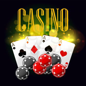 Casino poster with poker cards, gaming checks. Vector design with golden light blurs for casino placard