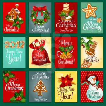 Christmas and New Year greeting card set with gift box in santas bag, snowman, holly berry with bell, gingerbread house, pine tree xmas wreath with red bow, candle, ginger cookie and poinsettia flower
