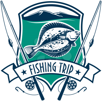 Fishing emblem with icons of fish, fishing rod. Vector sign for fisherman camp sport club, fishing tour trip with marine shield, ribbon, star, flounder fish