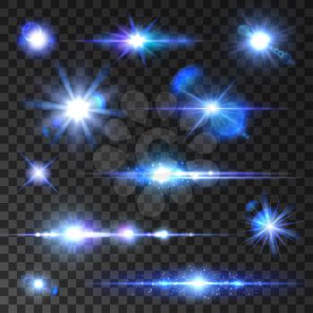 Sar shine set. Sining stars, glittering beams, blue neon light rays with lens flare effect. Vector isolated icons on transparent background for new year, christmas decoration symbols